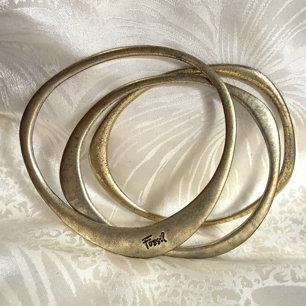 Vintage Y2K Fossil Bangle Bracelets Set Of 3 Brushed Gold Tone Assymetrical